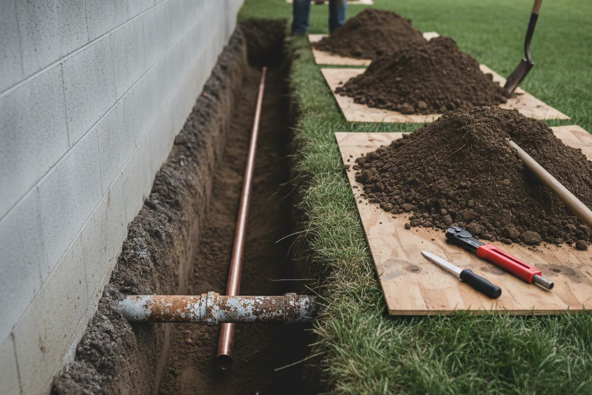 Excavated water line trench during Water Softener Installation in Cinebar
